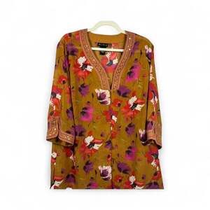 Maggie Barnes Womens Rusty Brown Floral Chiffon Embellished Button Up Blouse CL